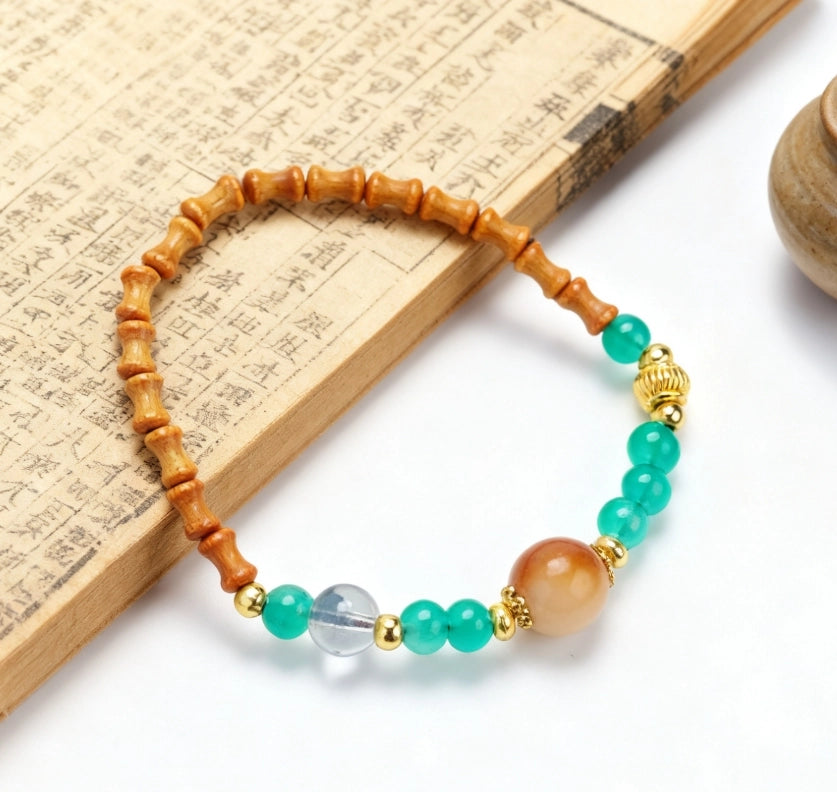 Peach Wood Chalcedony Crystal Bamboo Joint Bracelet - Career Growth Office Natural Jewelry