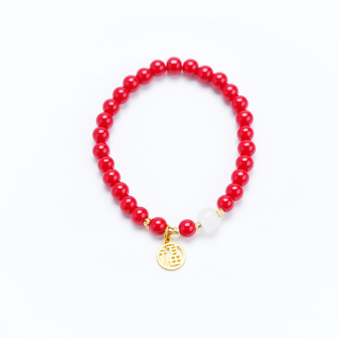 Red Crystal & Jade Bracelet – “Fu” Charm for Feminine Blessings