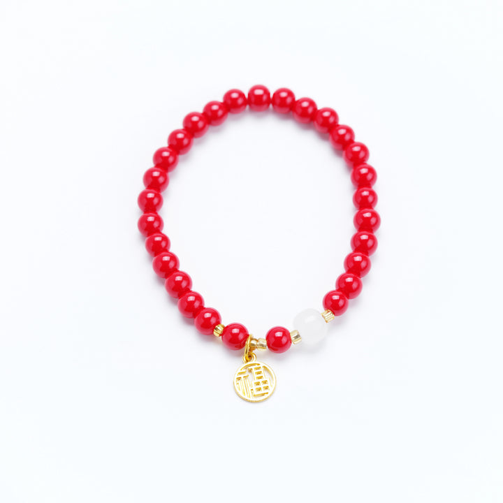Red Crystal & Jade Bracelet – “Fu” Charm for Feminine Blessings