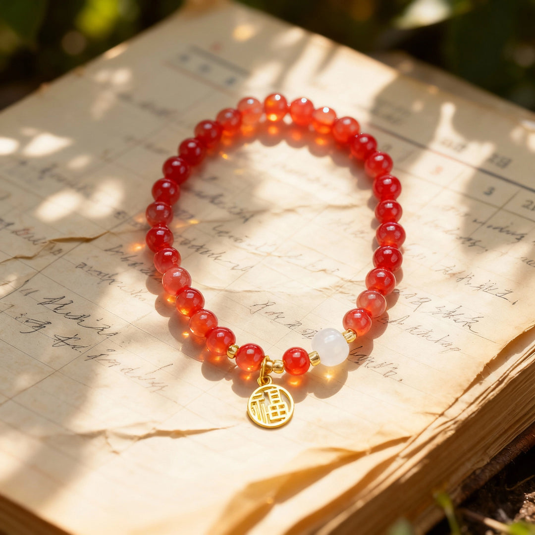 Red Crystal & Jade Bracelet – “Fu” Charm for Feminine Blessings