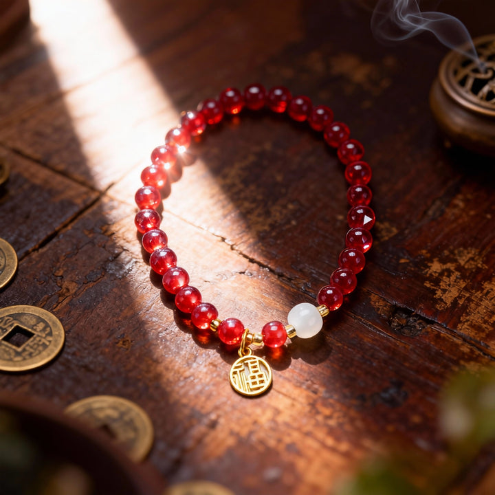 Red Crystal & Jade Bracelet – “Fu” Charm for Feminine Blessings