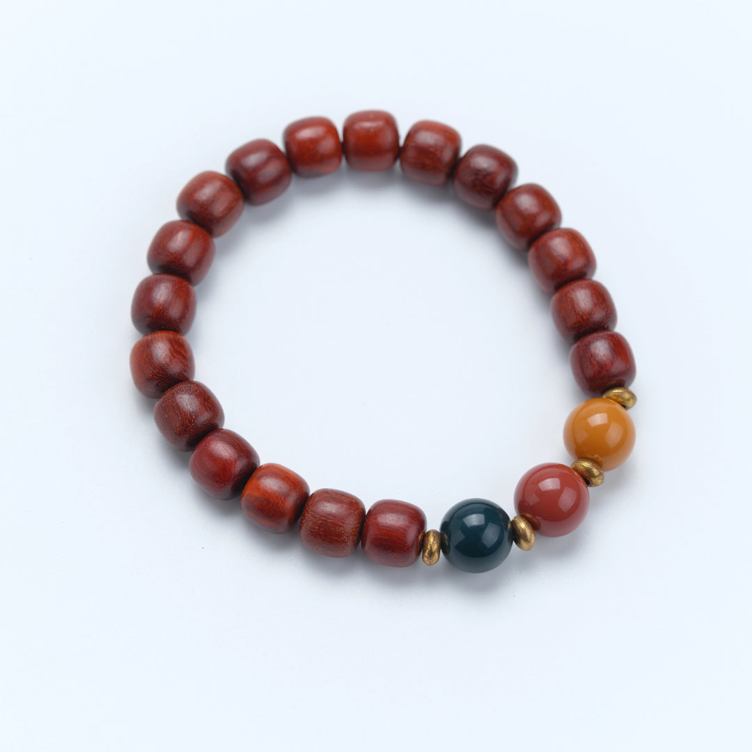 Red sandalwood, Agate, Metal Multi-gem Bracelet - Calming the mind, Embracing blessings, Supplementing Wood, Harmonizing the Five Elements