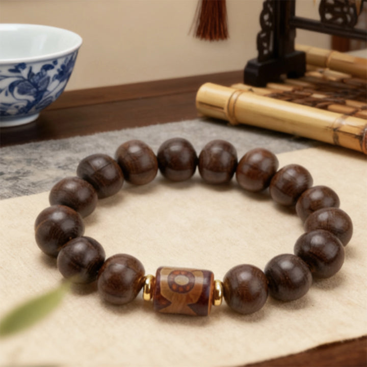 Red sandalwood Dzi bead, Metal Bracelet - Attract wealth, Protecting, Supplementing Wood, Embracing blessings