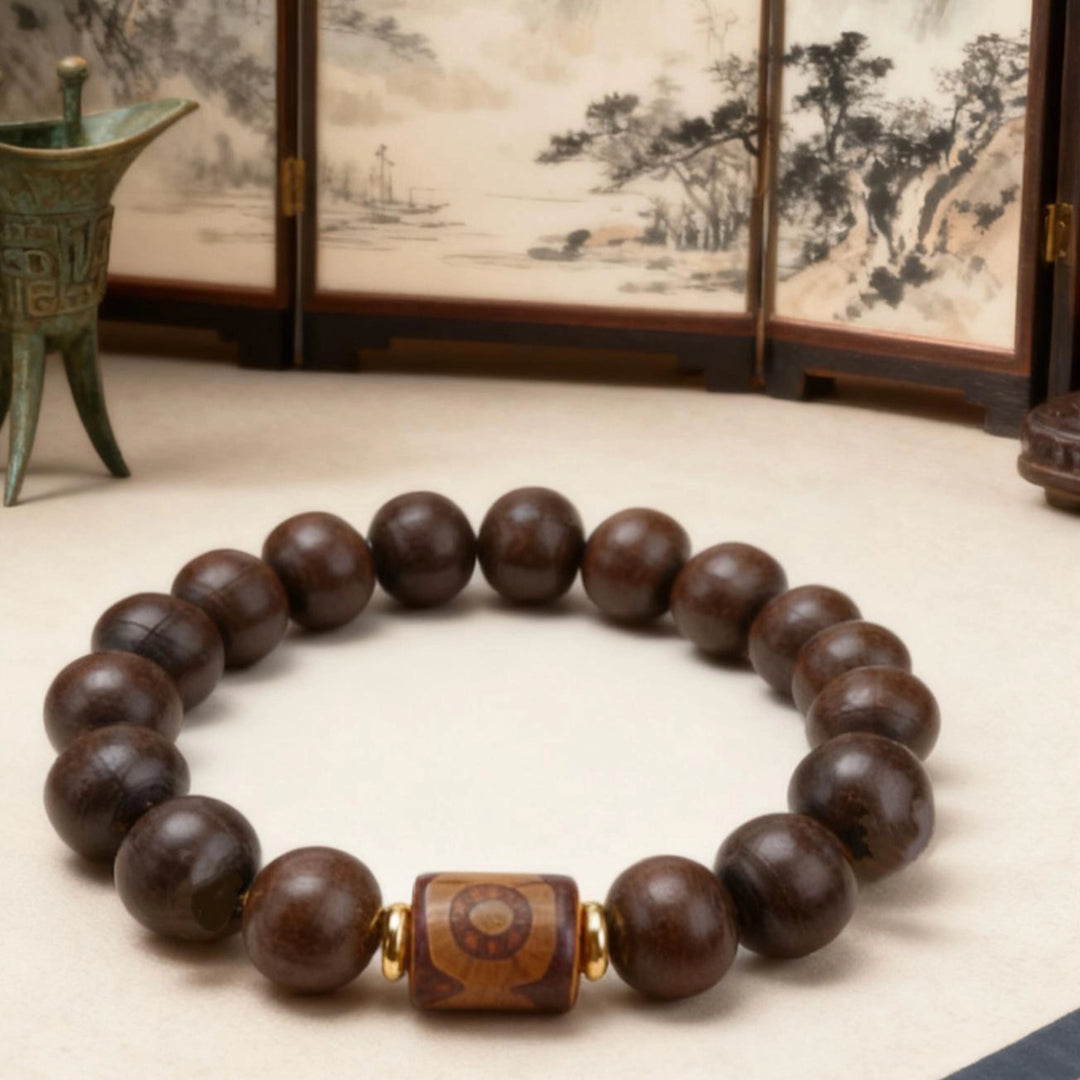 Red sandalwood Dzi bead, Metal Bracelet - Attract wealth, Protecting, Supplementing Wood, Embracing blessings