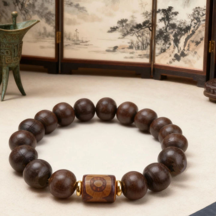 Red sandalwood Dzi bead, Metal Bracelet - Attract wealth, Protecting, Supplementing Wood, Embracing blessings