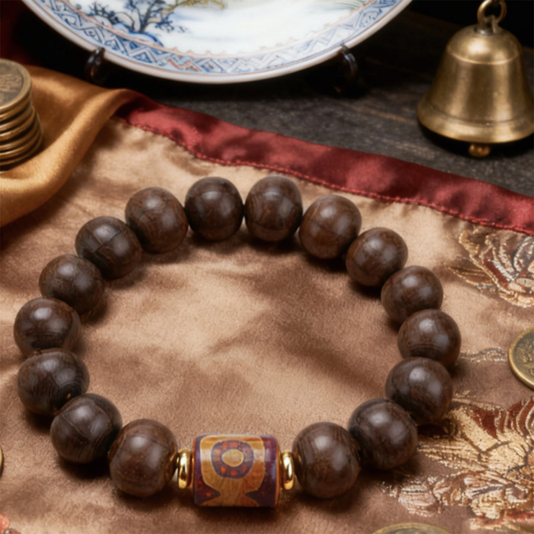 Red sandalwood Dzi bead, Metal Bracelet - Attract wealth, Protecting, Supplementing Wood, Embracing blessings