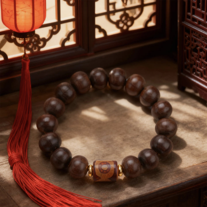 Red sandalwood Dzi bead, Metal Bracelet - Attract wealth, Protecting, Supplementing Wood, Embracing blessings