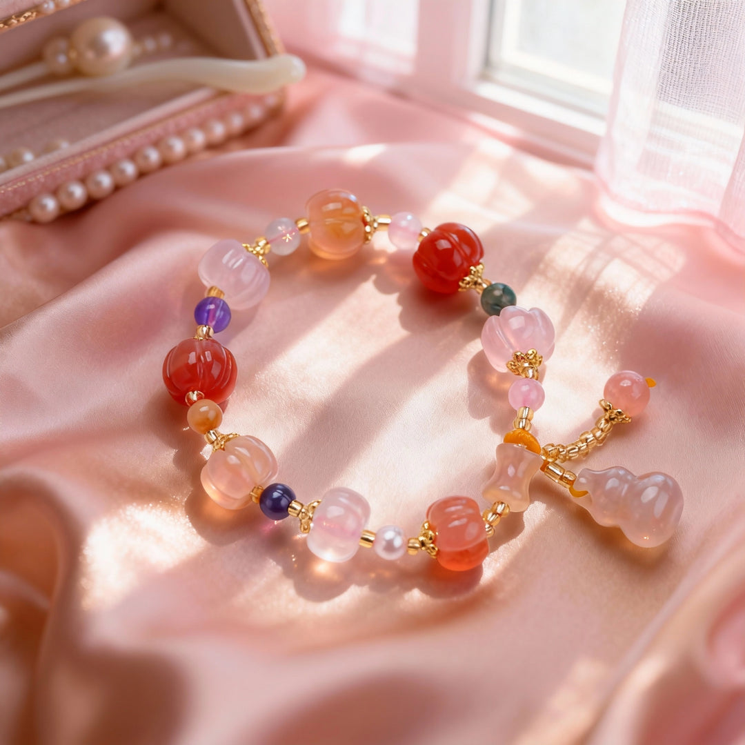 Rose Quartz & Southern Red Agate Pumpkin Bead Bracelet – Feminine Charm & Joy