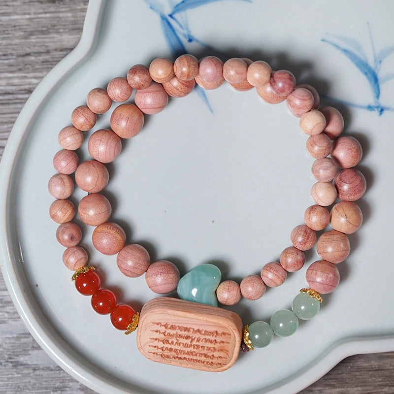 Rosewood Buddhist Amulet Scripture Bracelet - Blessing, Smooth Life, Retro Zen