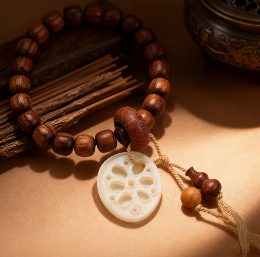 Rosewood Jade Lotus Pod Calabash Bracelet - Mindful Prayer, Zen Jewelry
