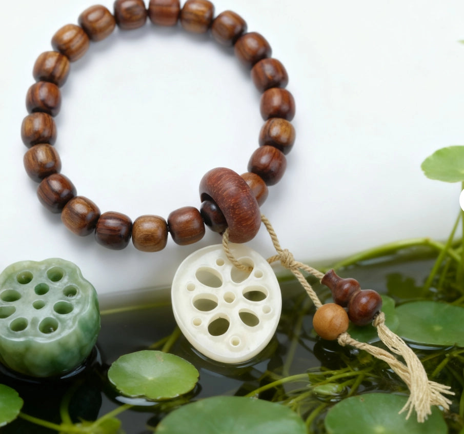 Rosewood Jade Lotus Pod Calabash Bracelet - Mindful Prayer, Zen Jewelry