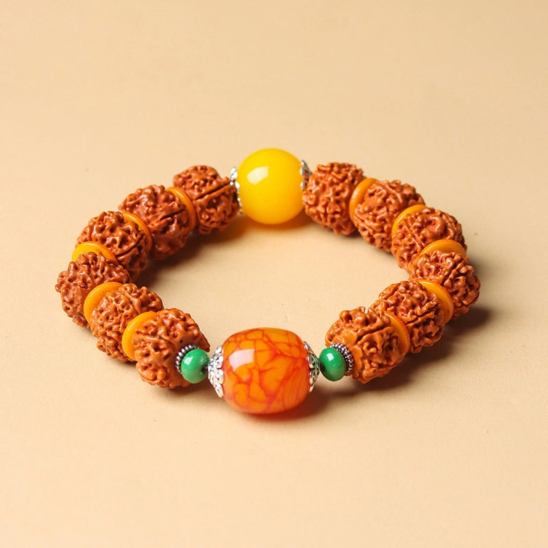 Rudraksha Honey Amber Colored Glaze Silver Bracelet - Stabilizing Mind, Blessings, Wood, Wealth