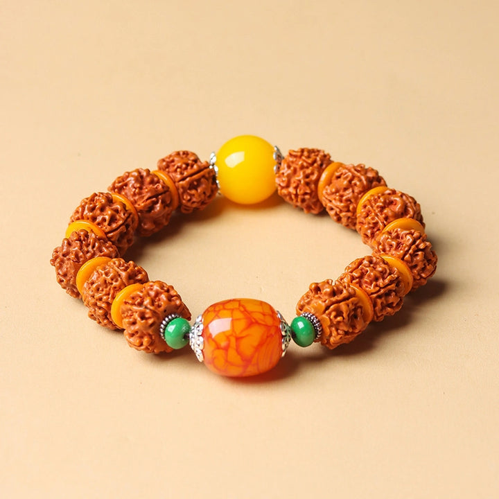 Rudraksha Honey Amber Colored Glaze Silver Bracelet - Stabilizing Mind, Blessings, Wood, Wealth