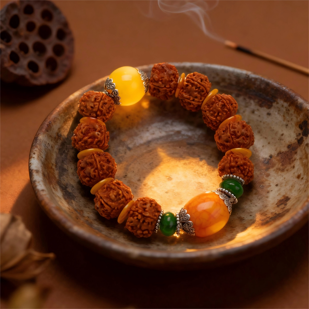 Rudraksha Honey Amber Colored Glaze Silver Bracelet - Stabilizing Mind, Blessings, Wood, Wealth