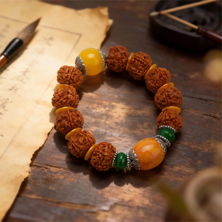 Rudraksha Honey Amber Colored Glaze Silver Bracelet - Stabilizing Mind, Blessings, Wood, Wealth