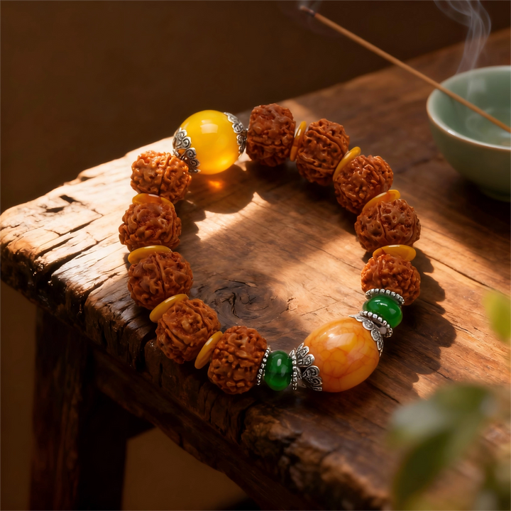 Rudraksha Honey Amber Colored Glaze Silver Bracelet - Stabilizing Mind, Blessings, Wood, Wealth