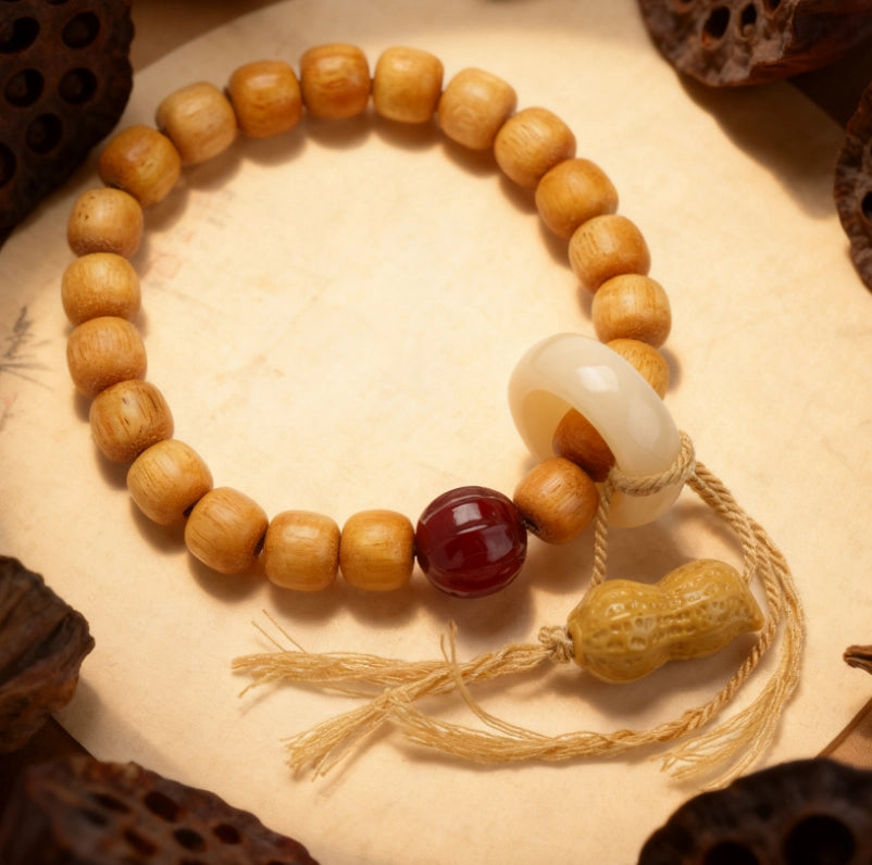 Sandalwood Agate Peanut Nanhong Bracelet - Good Luck, Longevity, New Chinese Auspicious Jewelry