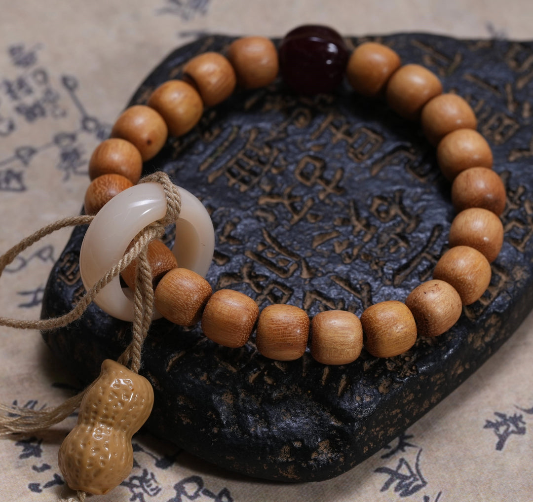 Sandalwood Agate Peanut Nanhong Bracelet - Good Luck, Longevity, New Chinese Auspicious Jewelry