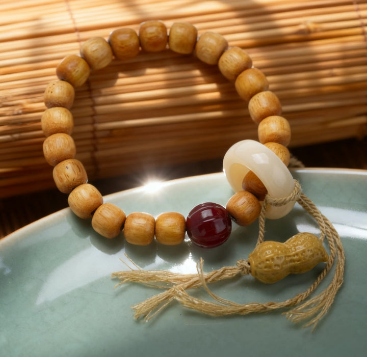 Sandalwood Agate Peanut Nanhong Bracelet - Good Luck, Longevity, New Chinese Auspicious Jewelry