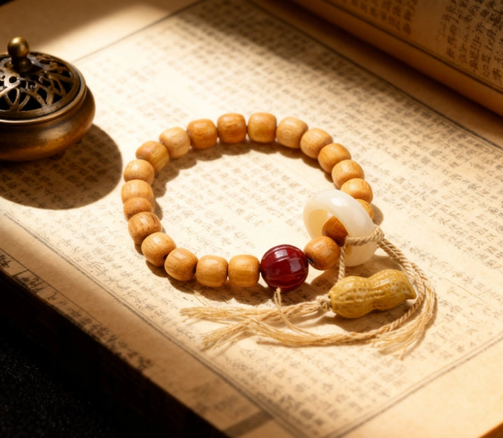 Sandalwood Agate Peanut Nanhong Bracelet - Good Luck, Longevity, New Chinese Auspicious Jewelry