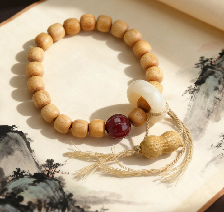 Sandalwood Agate Peanut Nanhong Bracelet - Good Luck, Longevity, New Chinese Auspicious Jewelry