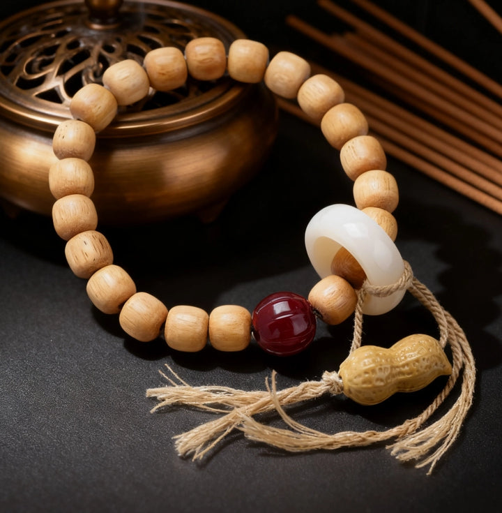 Sandalwood Agate Peanut Nanhong Bracelet - Good Luck, Longevity, New Chinese Auspicious Jewelry