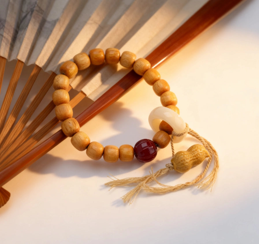 Sandalwood Agate Peanut Nanhong Bracelet - Good Luck, Longevity, New Chinese Auspicious Jewelry