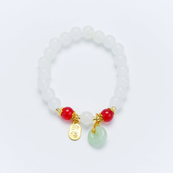 White Jade Bracelet with Ping’an Buckle – “Na Fu” Charm & Feminine Blessings