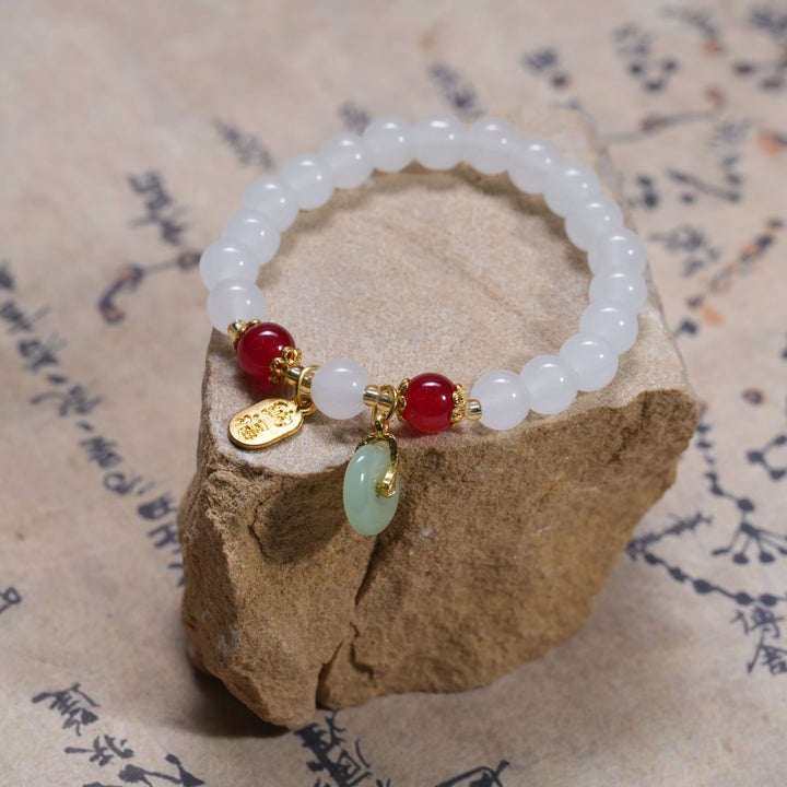 White Jade Bracelet with Ping’an Buckle – “Na Fu” Charm & Feminine Blessings