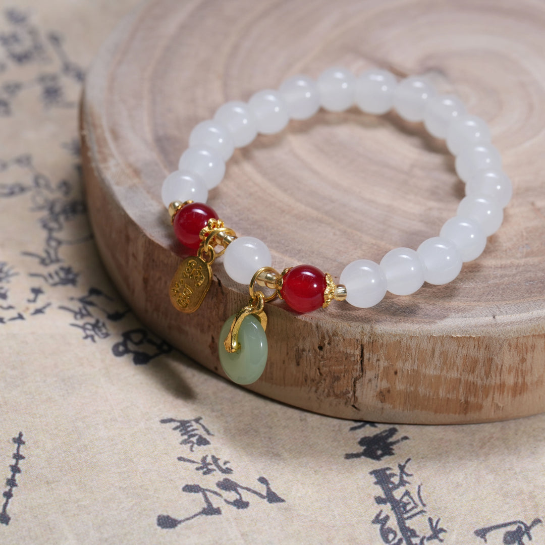 White Jade Bracelet with Ping’an Buckle – “Na Fu” Charm & Feminine Blessings