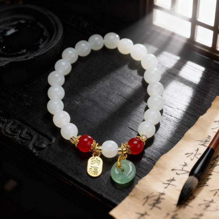 White Jade Bracelet with Ping’an Buckle – “Na Fu” Charm & Feminine Blessings