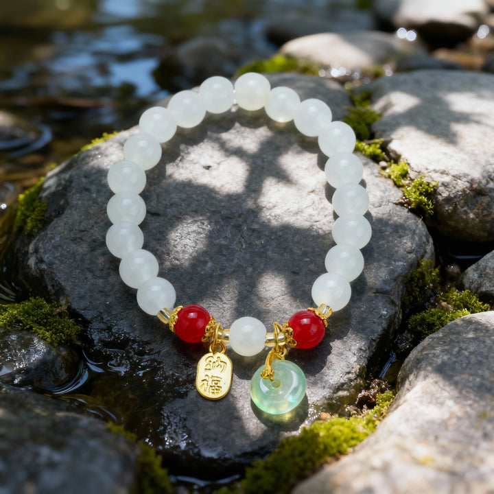 White Jade Bracelet with Ping’an Buckle – “Na Fu” Charm & Feminine Blessings