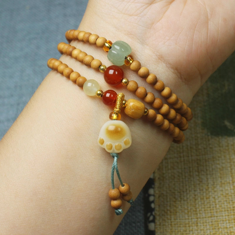 Cat Paw Melon Bead Wood Agate Jade Bracelet - Cute, Healing