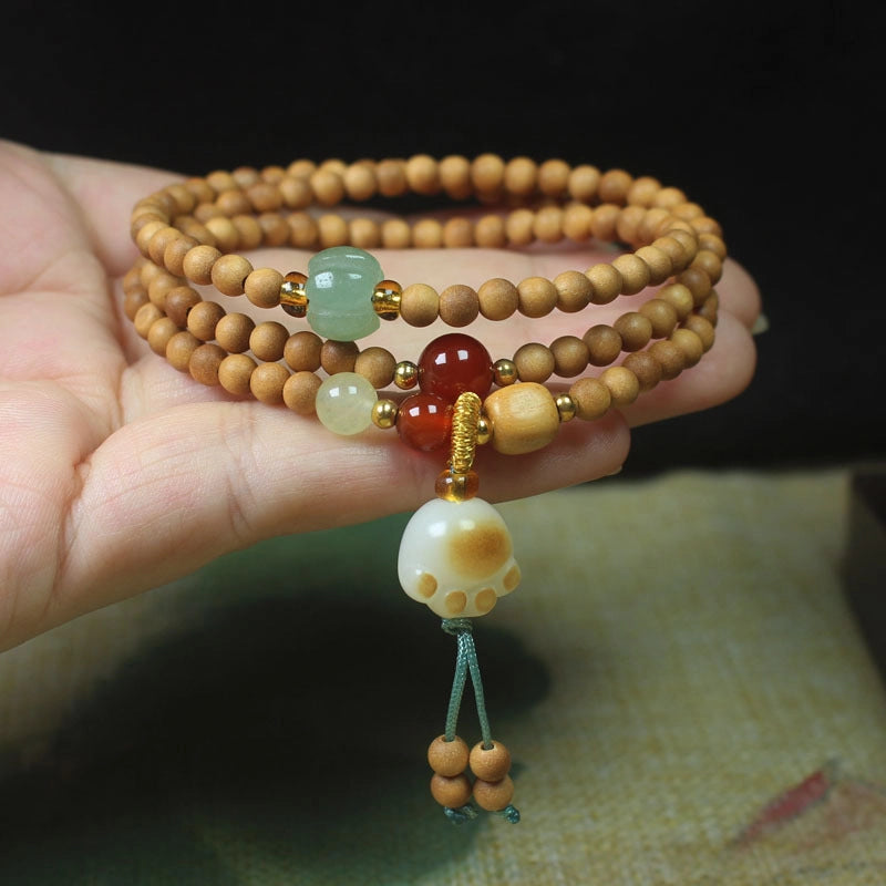 Cat Paw Melon Bead Wood Agate Jade Bracelet - Cute, Healing